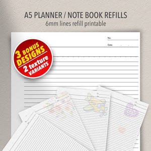May include: A5 planner or notebook refills with 6mm lines. The image shows three different designs with a floral, airplane, and heart pattern. The text on the image says "3 Bonus Designs, 2 Texture Variants".