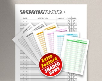 Puede incluir: Una colección de hojas de seguimiento de gastos en varios colores, incluyendo blanco, gris, rosa, amarillo y azul. Cada hoja presenta columnas para fecha, descripción, cantidad, efectivo y tarjeta. El texto "SPENDINGTRACKER" está en la parte superior. Una pegatina roja dice "Extra Feature SHADED ROWS."