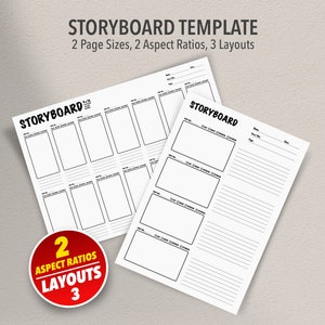 Peut inclure: Deux modèles de storyboard vierges avec des tailles de page et des rapports d'aspect différents. Les modèles ont de la place pour 12 et 4 images, avec des zones pour les notes et les descriptions. Le texte sur les modèles indique "Storyboard".
