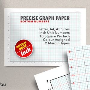 Graph Grid Paper for Technical Drawing, Inch Units, Bottom Numbers, A4/Letter/A3, 1/10, 10 squares per Inch, Cross Stitch Printable Paper