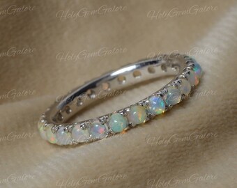 Anillo de compromiso de ópalo de fuego natural, anillo de bodas único de ópalo de eternidad, anillo de promesa, anillo de aniversario, anillo llamativo, anillo de ópalo