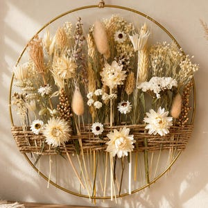 Neutral Rustic Boho Dried Flower Wall Art – Botanical Hoop with Wheat and Wildflowers for Cozy Home Décor