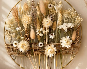 Neutral Rustic Boho Dried Flower Wall Art – Botanical Hoop with Wheat and Wildflowers for Cozy Home Décor