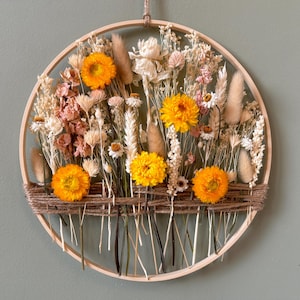 Yellow Sunflower & Pink Accent Dried Flower Wall Decor – Wild Meadow Hoop, Natural Boho Rustic Wreath, Summer Cottagecore Gift