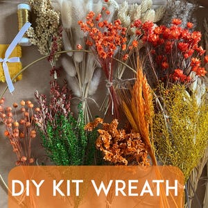 DIY Autumn wreath Kit with Dried and Preserved Flowers and Grasses. Minimalist wreath in farmhouse style. Rustic autumn decoration