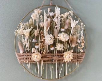 Couronne d'été bohème avec fleurs séchées et graminées - Cadeau parfait pour une mère, une soeur ou une amie