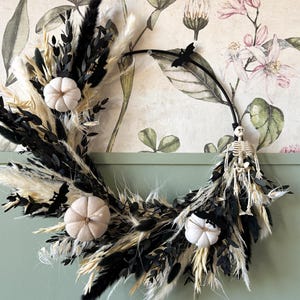 Modern Halloween Wreath with Hand-Sewn Pumpkins, Skeleton, and Felt Bats - Perfect for Loft or Boho decor (15.7 inches)