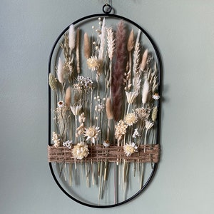 Unique floral and jute wreath in garden style.Earthy beige flowers for naturalistic interiors. Metal, black ring with jute cord and flowers image 8