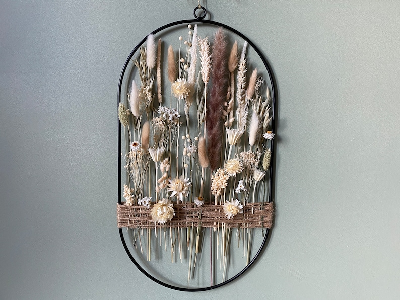Unique floral and jute wreath in garden style.Earthy beige flowers for naturalistic interiors. Metal, black ring with jute cord and flowers image 8