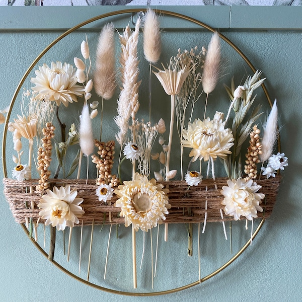 Neutral flower wreath on metal gold ring with dried flowers and jute cord. Preserved floral hoop, garland for minimalist, boho room.