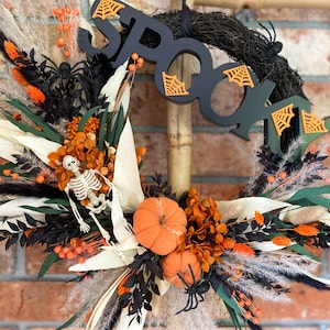 Spooky Halloween Wreath with Orange Pumpkins, Spiders, and Wooden &quot;Spooky&quot; Sign - Perfect Halloween Decor