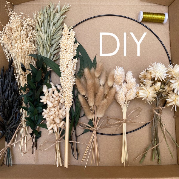 DIY Boho Rustic Wreath Kit with Dried and Preserved Flowers and Grasses