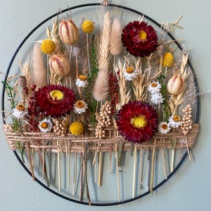 Handcrafted Autumn Floral Hoop Wreath, Dried Flower Wall Hanging, Fall Decor, Thanksgiving Wreath, Seasonal Wall Art