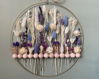 Couronne de fleurs stabilisées BLUE&PURPLE avec perles en bois ;