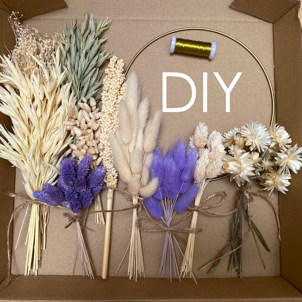 DIY Boho Rustic Flower Crown Kit with Dried and Preserved Flowers and Grasses. Minimalist wreath in farmhouse style.