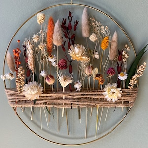 Autumn decoration with dried flowers. Gold floral hoop with jute twine. Wall decor for boho style house 25 cm