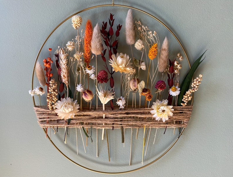 Autumn decoration with dried flowers. Gold floral hoop with jute twine. Wall decor for boho style house 25 cm