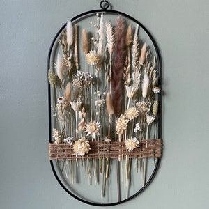 Unique floral and jute wreath in garden style.Earthy beige flowers for naturalistic interiors. Metal, black ring with jute cord and flowers image 1