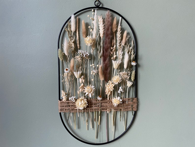 Unique floral and jute wreath in garden style.Earthy beige flowers for naturalistic interiors. Metal, black ring with jute cord and flowers image 1