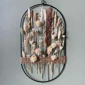 Unique floral and jute wreath in garden style.Earthy beige flowers for naturalistic interiors. Metal, black ring with jute cord and flowers image 3