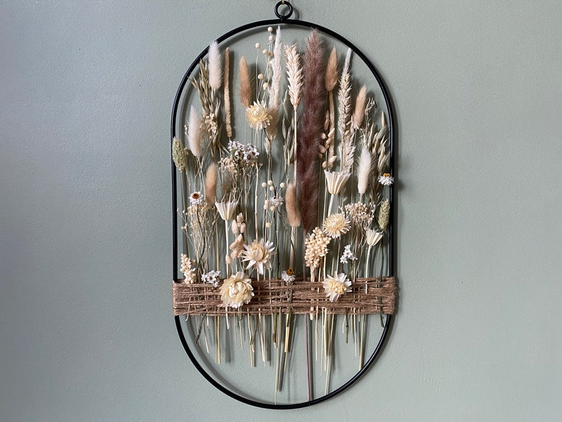 Unique floral and jute wreath in garden style.Earthy beige flowers for naturalistic interiors. Metal, black ring with jute cord and flowers image 3