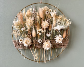 Neutral Rustic Boho Dried Flower Wall Art – Botanical Hoop with Wheat and Wildflowers for Cozy Home Décor