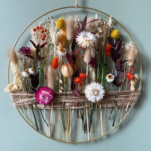 Dried Botanical Wall Hoop – Earthy Textures & Bold Flowers | Handmade Statement Wreath in Natural Tones