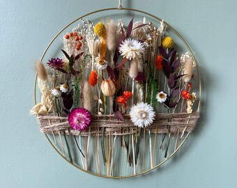 Dried Botanical Wall Hoop – Earthy Textures & Bold Flowers | Handmade Statement Wreath in Natural Tones