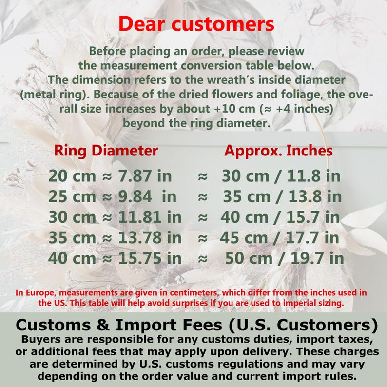 May include: A measurement conversion table for wreath ring diameters, showing both centimeters and inches. The table includes sizes from 20 cm (7.87 in) to 40 cm (15.75 in), with corresponding approximate inch measurements. Text at the top reads "Dear customers".