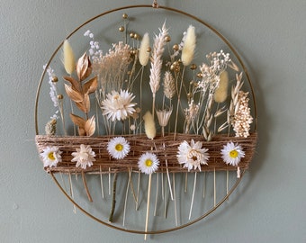 Natural boho wreath with gold hoop and accent made of dried flowers. Minimalist wall hanging decoration for door, window, special gift.