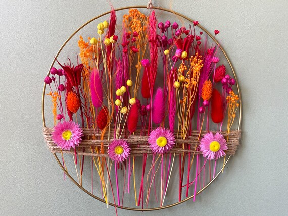 Maximalist wall art, Preppy Style Bright Floral Wall Hanging | Vibrant Dried Flower Decor | Boho Room Decor | Colorful Home Accent