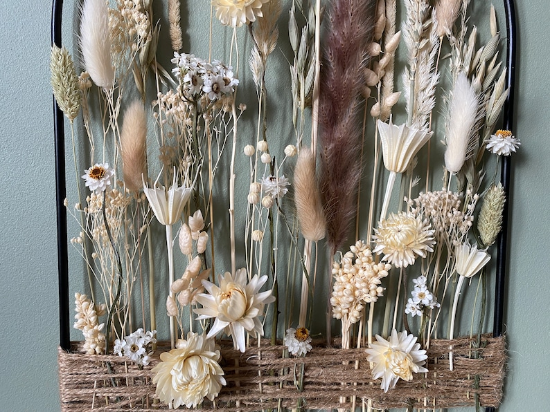 Unique floral and jute wreath in garden style.Earthy beige flowers for naturalistic interiors. Metal, black ring with jute cord and flowers image 10