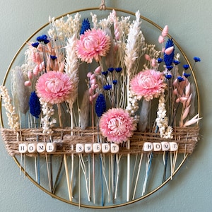 Dried Flower Wall Hoop - Pink & Blue Floral Wreath - Rustic Boho Wall Decor - Nursery or Living Room Decoration - Handmade Gift