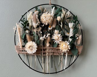 Boho dried flower wall hanging with eucalyptus | Natural floral hoop for meditation, relaxation, rustic and modern home decor