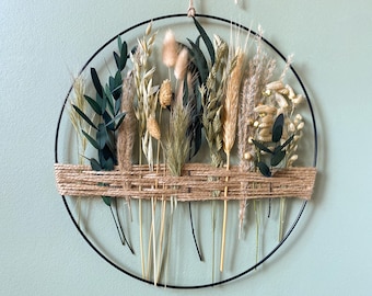 Minimalist Floral Hoop with Dried Grasses and Stabilized Eucalyptus | Neutral Wall Hanging Decor | Boho Chic Home Accent