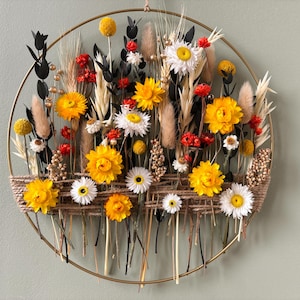 Yellow Sunflower & Daisy Dried Flower Wall Decor – Bold Boho Wreath with Red Accents, Wild Meadow Hoop, Rustic Farmhouse Gift