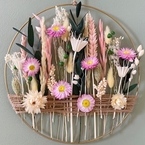 Pink & White Dried Flower Hoop – Boho Wall Hanging, Nursery Wall Decor, Pastel Baby Shower Gift, Girls Bedroom Floral,  Everlasting Flowers