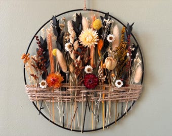 Cozy Gold Hoop Wreath with Dried Flowers & Deep Green Eucalyptus – Handmade Boho Wall Decor for All Seasons