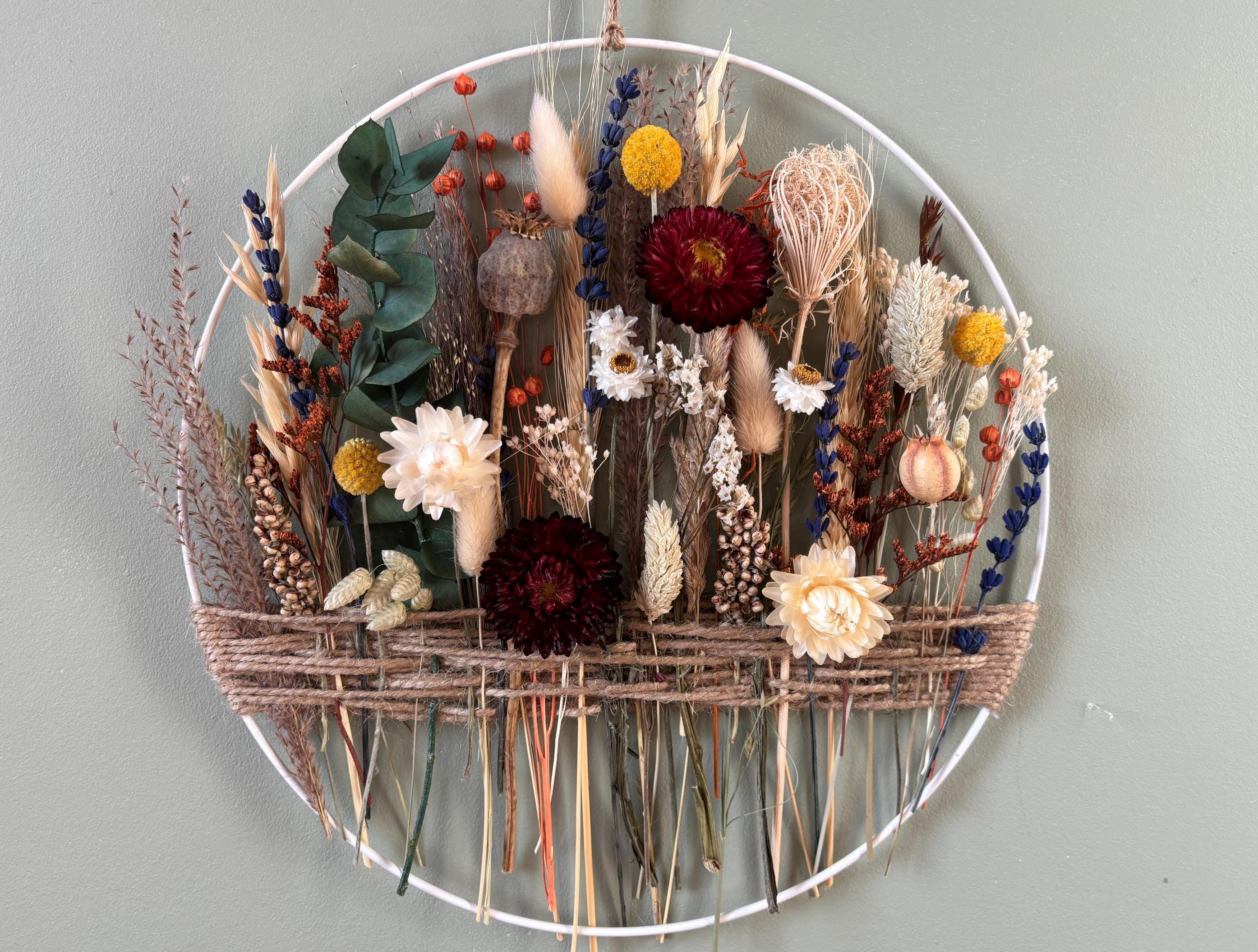 Wildflower Meadow Wall Hanging - Natural Interior Decor with Diverse Floral Arrangement, Handcrafted Rustic Bohemian Style