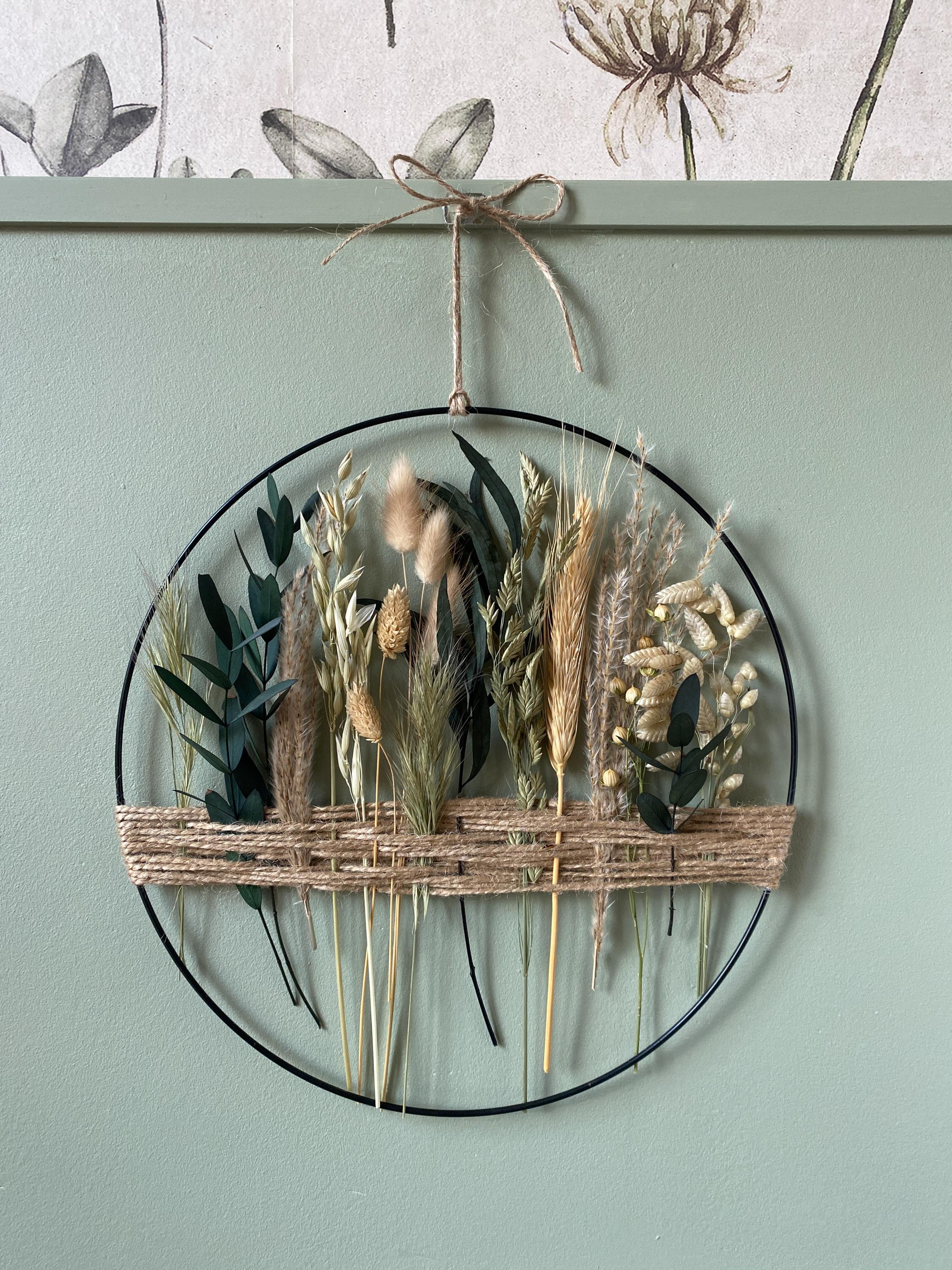Gallery Detail: Minimalist Floral Hoop With Dried Grasses And Stabilized Eucalyptus