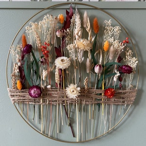 Autumn decoration with dried flowers. Gold floral hoop with jute twine. Wall decor for boho style house 40 cm