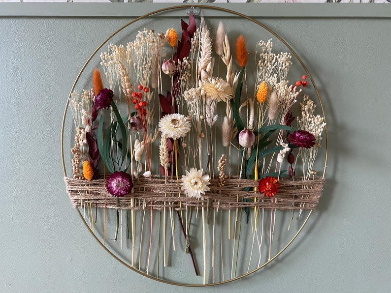 Autumn decoration with dried flowers. Gold floral hoop with jute twine. Wall decor for boho style house 40 cm