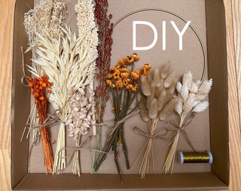 DIY Autumn wreath Kit with Dried and Preserved Flowers and Grasses. Minimalist wreath in farmhouse style. Rustic autumn decoration