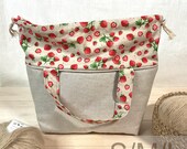 Handmade Projekttasche Erdbeeren | Projekttasche Canvas Naturlook | Erdbeer Muster Natur | Häkeltasche S M L