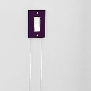 May include: A purple wall switch plate with two white strings hanging down. A green ball is attached to one string and a red ball is attached to the other string.