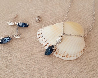 Italian Design | Certified | with Colorful Swarovski Crystals | 925 Sterling Silver Pendant, Earrings | Jewelry Set | Navy Blue