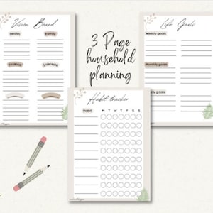 May include: Three printable pages for household planning. The first page is a vision board with sections for health, family, finance, and interests. The second page is a habit tracker with a grid for tracking habits seven days a week. The third page is for life goals with sections for weekly, monthly, and yearly goals.