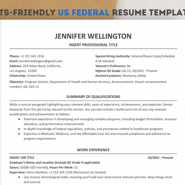 ATS US Federal Resume Template 2023 for Word & Google Docs | Government Resume/Federal Resume for USAJOBS application + Cover Letter