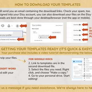 May include: A graphic with instructions on how to download digital templates purchased on Etsy. The graphic includes screenshots of the Etsy website and a Google Docs file. The text reads "How to Download Your Templates", "Getting Your Templates Ready (It's Quick & Easy!)", "For Google Docs", "For Microsoft Word", "3-5 Download Files Per Purchase", and "Send us a message if you need assistance. We're always here to help! :)"