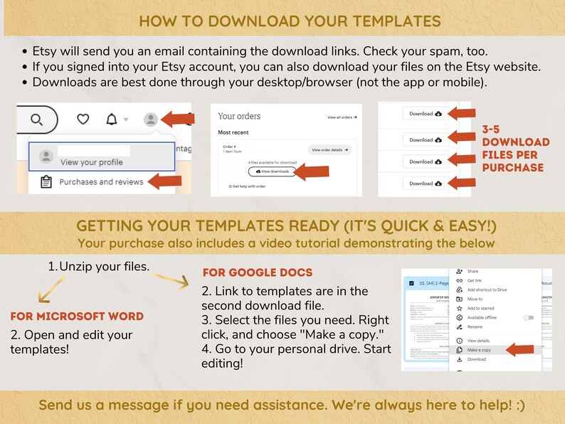 May include: A graphic with instructions on how to download digital templates purchased on Etsy. The graphic includes screenshots of the Etsy website and a Google Docs file. The text reads "How to Download Your Templates", "Getting Your Templates Ready (It's Quick & Easy!)", "For Google Docs", "For Microsoft Word", "3-5 Download Files Per Purchase", and "Send us a message if you need assistance. We're always here to help! :)"